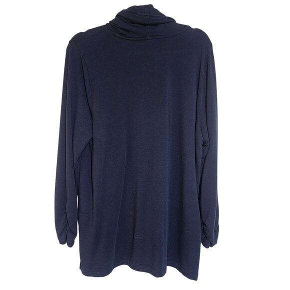 Chicos Navy Blue Cowl Neck Long Sleeve Top Ruched Sleeves Side Slits Size XL Lyo - Picture 2 of 9